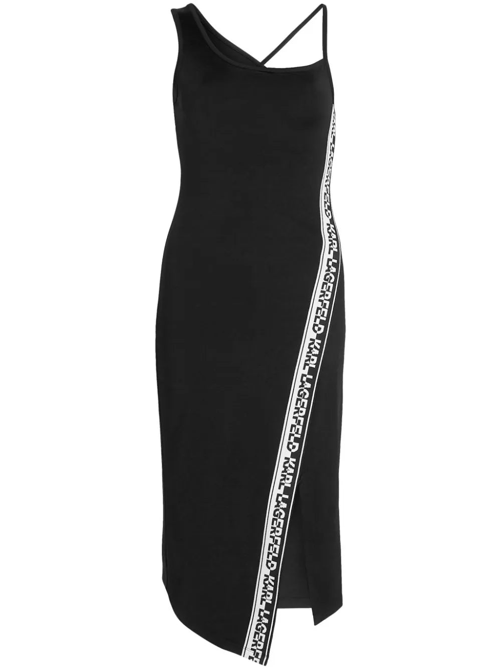 KARL LAGERFELD LOGO-TRIM ASYMMETRIC MIDI DRESS